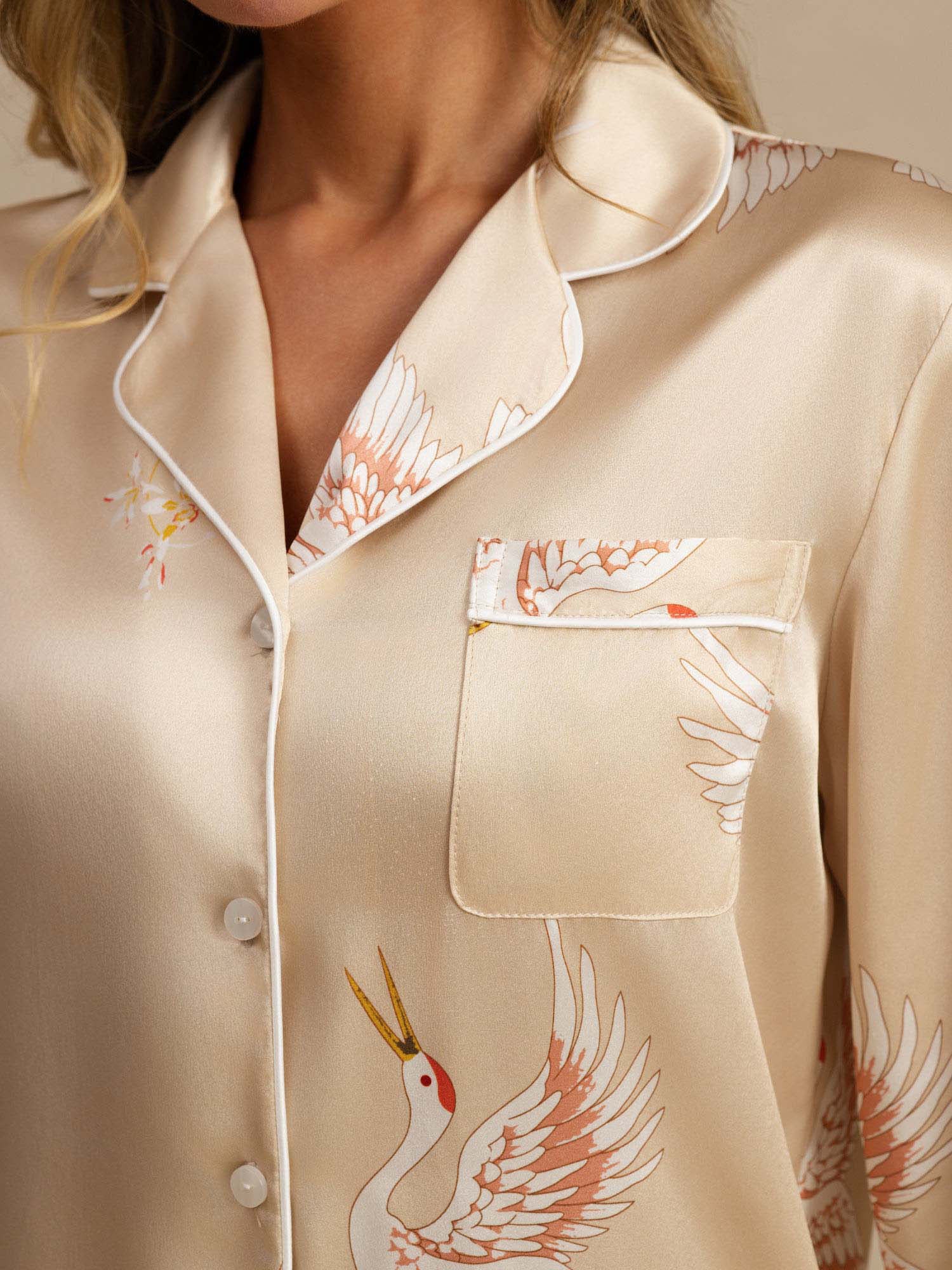 [Champagne] SilkSilky-CA 19Momme Long Sleeve Notch Collar Women's Pajamas 004