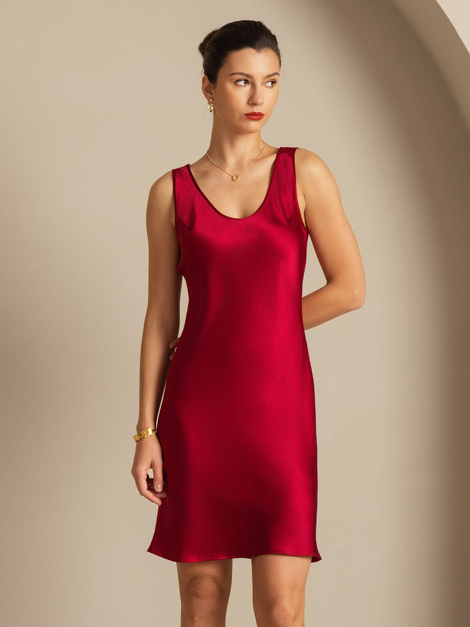 [Wine] SilkSilky-CA Pure Silk Round Neck Dress 007,
