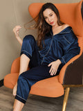 SilkSilky CA Long Sleeve Lapel Women's Pajamas DarkBlue 006