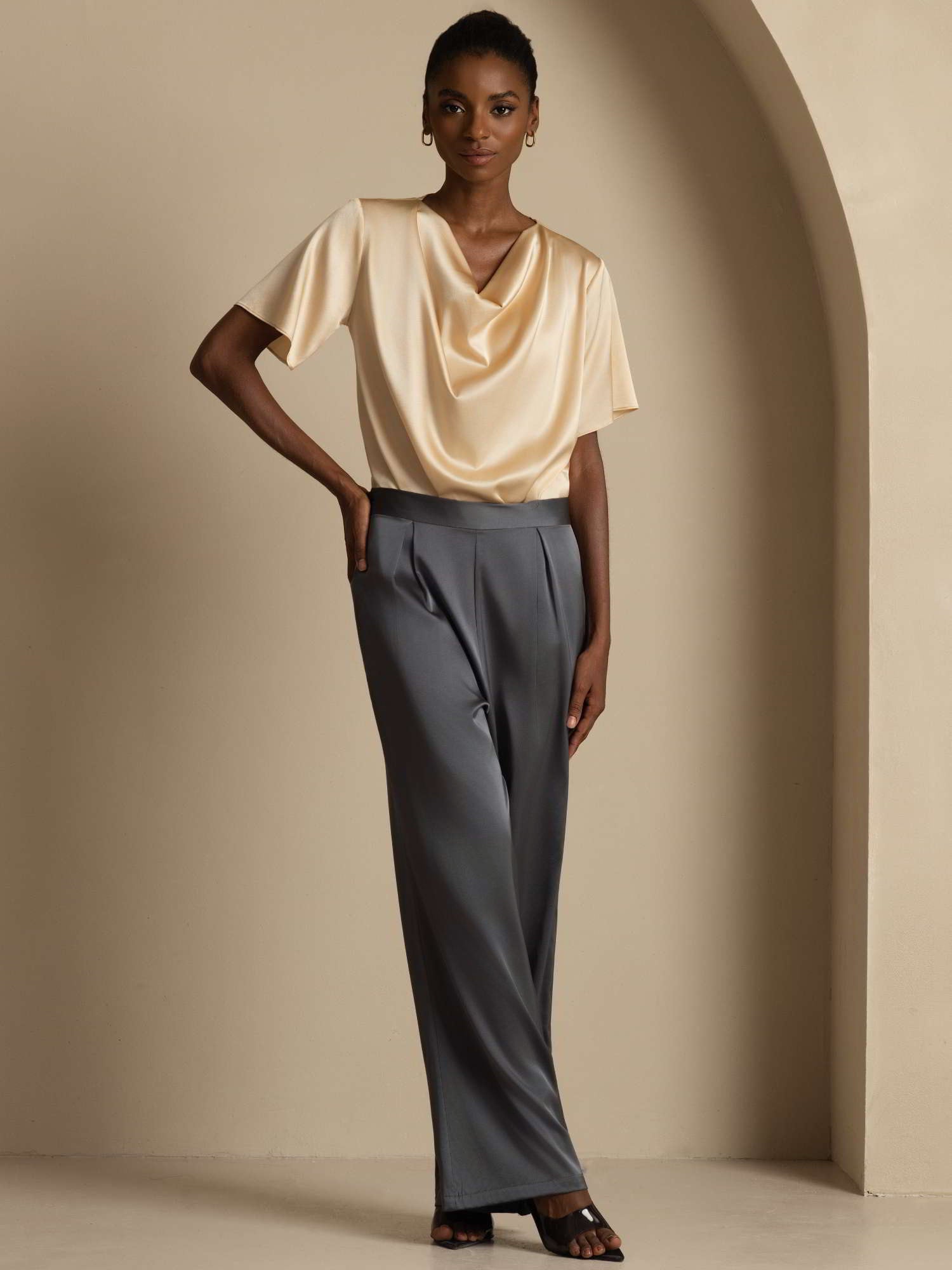 [Champagne] SilkSilky-CA 19Momme Stretch Silk Charmeuse Short Sleeve Cowl Neck Blouse 008