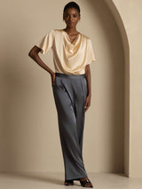[Champagne] SilkSilky-CA Short Sleeve Cowl Neck Women's Blouse 008