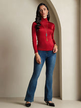 [Wine] SilkSilky-CA Silk Jersey Long Sleeve Turtle Neck Women's T-Shirt 008