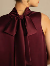 [Dark Red] SilkSilky-CA 19Momme Stretch Silk Charmeuse Sleeveless High Neck Blouse 004