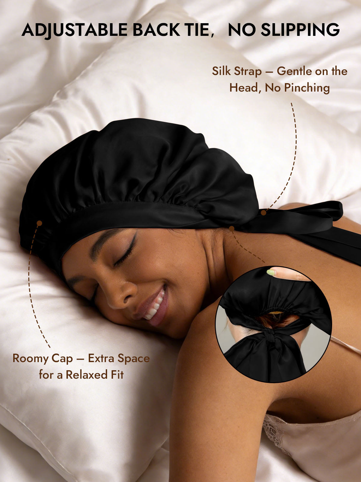 [Black] SilkSilky-CA Pure Silk Sleep Cap 004