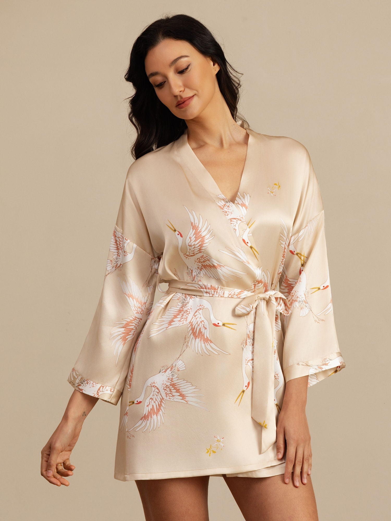 [Champagne] SilkSilky-CA 19Momme 3/4 Sleeve Women's Robe 006