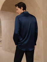 [Dark Blue] SilkSilky-CA 19Momme Stretch Silk Charmeuse Long Sleeve Lapel Collar Men's Shirt 002