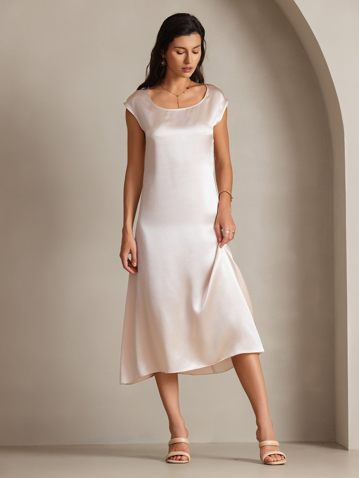 [Pink] SilkSilky-CA 19Momme Silk Cap Sleeve Round Neck Dress 002