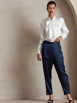 [White] SilkSilky-CA 19Momme Stretch Silk Charmeuse Long Sleeve Tie Neck Blouse 003