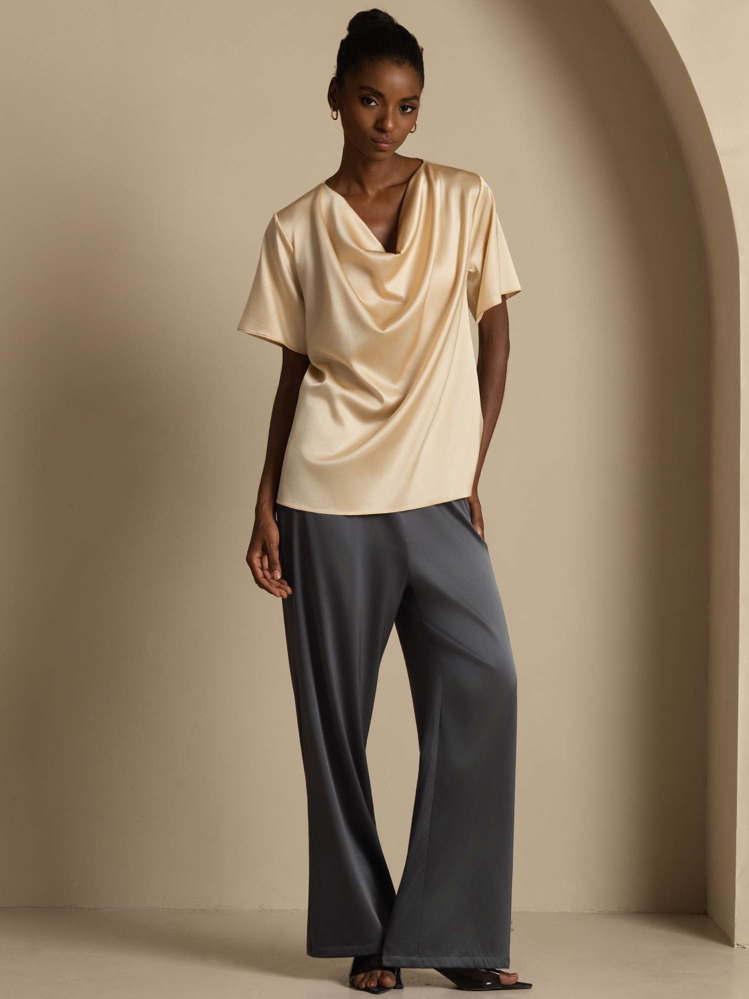 [Champagne] SilkSilky-CA 19Momme Silk Short Sleeve Cowl Neck Blouse 006