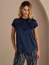 [Dark Blue] SilkSilky-CA Short Sleeve Split Women's Blouse 003