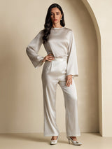 [Light Gray] SilkSilky-CA Long Sleeve Boat Neck Blouse 007