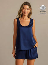 [Dark Blue] SilkSilky-CA 19Momme Machine-Washable Silk Sleeveless Scoop Neck Women's Pajamas 001