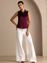[Dark Red] SilkSilky-CA Sleeveless Lapel Collar Women's Shirt 006