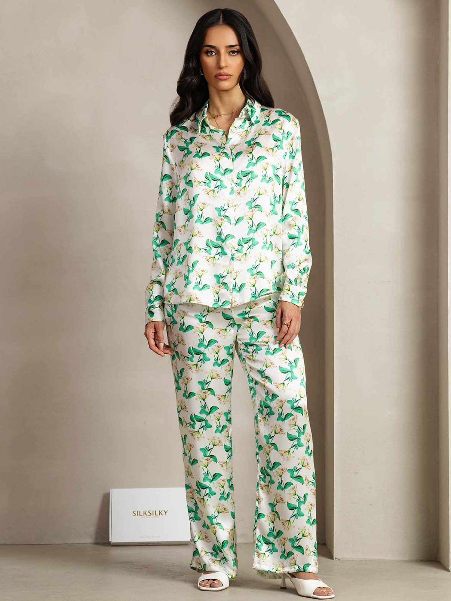 [Green Floral] SilkSilky-CA 19Momme Silk Lapel Collar Women''s Outfit Sets 001