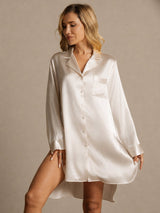 [Beige] SilkSilky-CA Long Sleeve Lapel Collar Nightshirt 003