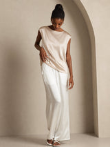 [Beige] SilkSilky-CA Cap Sleeve Round Neck Women's T-Shirt 006