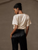 [Beige] SilkSilky-CA Short Sleeve Cowl Neck Women's Blouse 002