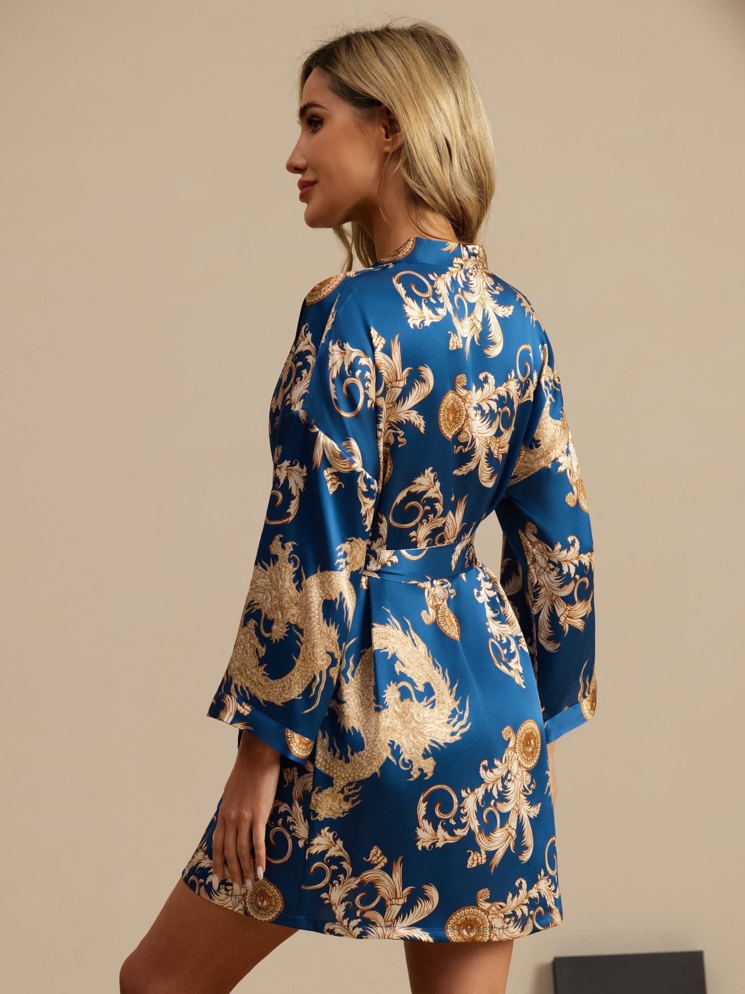 [Navy Dragon] SilkSilky-CA 3/4 Sleeve V Neck Women's Robe 002