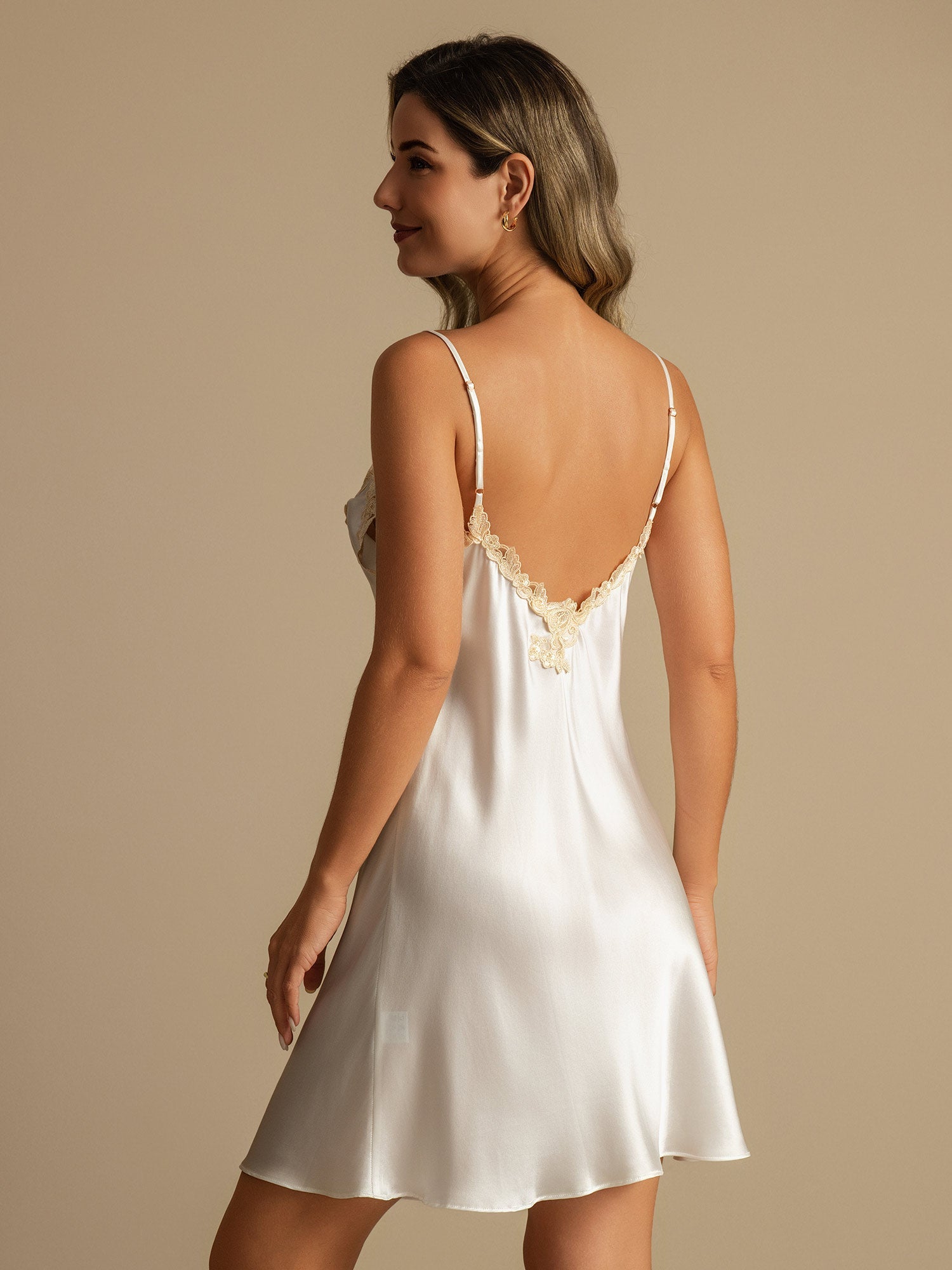 [White] SilkSilky-CA Pure Silk V Neck Nightgown 002,