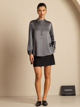[Dark Gray] SilkSilky-CA 19Momme Stretch Silk Charmeuse Long Sleeve Stand Collar Blouse 009