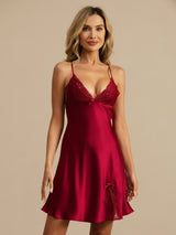 [Wine] SilkSilky-CA Spaghetti Strap Deep V Neck Nightgown 004