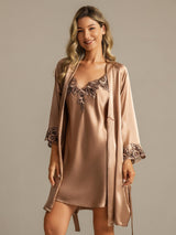 [Brown] SilkSilky-CA 3/4 Sleeve V Neck Nightgown&Robe Set 001