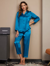 [Teal] SilkSilky-CA Long Sleeve Lapel Collar Women's Pajamas 004