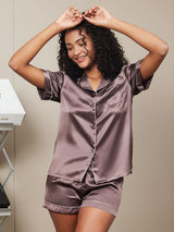 [Coffee] SilkSilky-CA Short Sleeve Lapel Collar Women's Pajamas 002