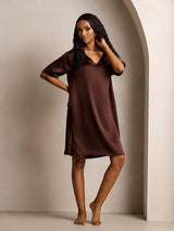 [Brown] SilkSilky-CA Half Sleeve V Neck Nightgown 006