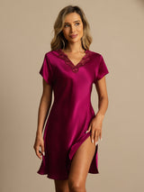 [Wine] SilkSilky-CA Short Sleeve V Neck Nightgown 003