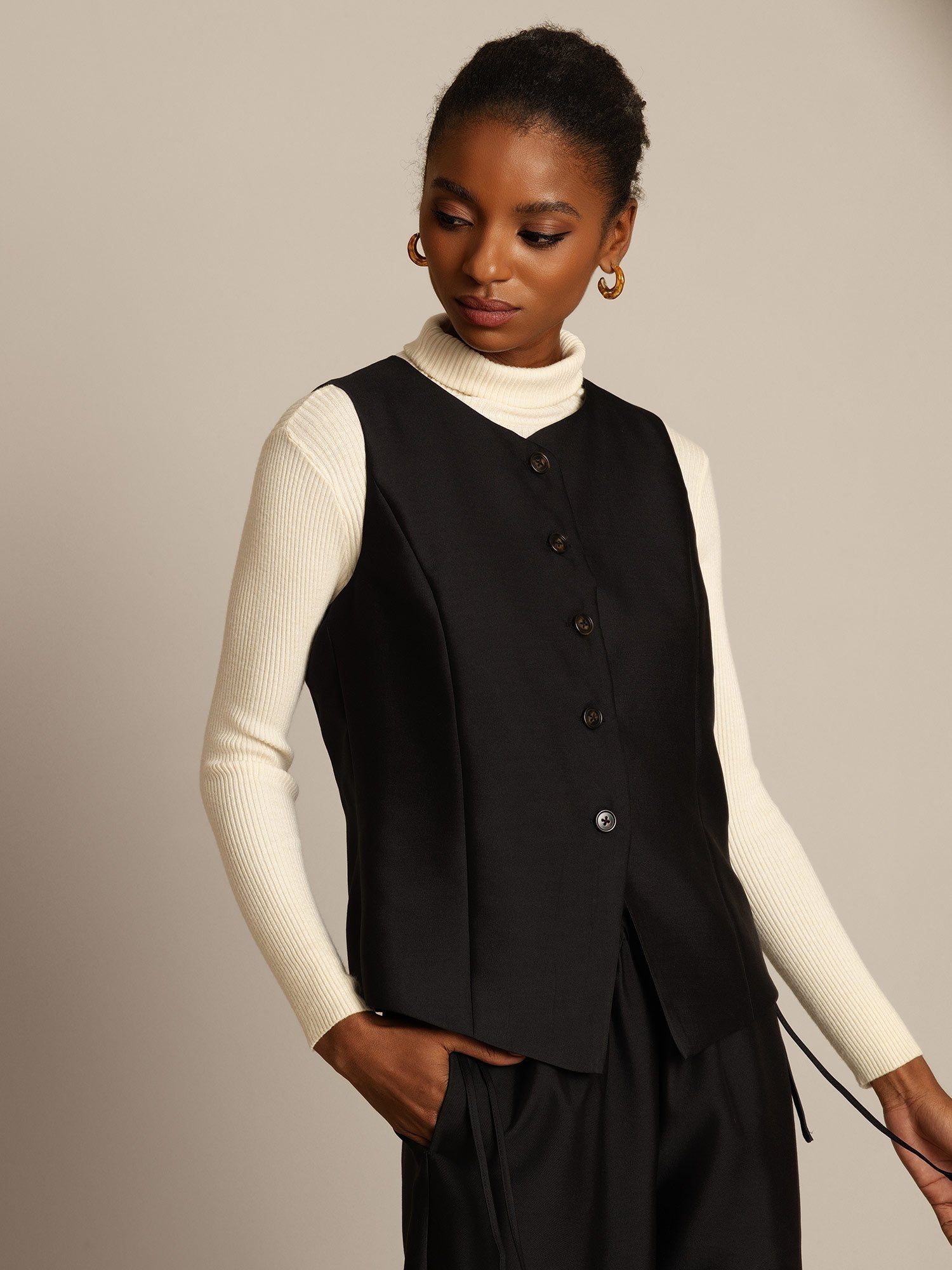 [Black] SilkSilky-CA 32Momme Silk-Wool Blend Womens Vest 005,