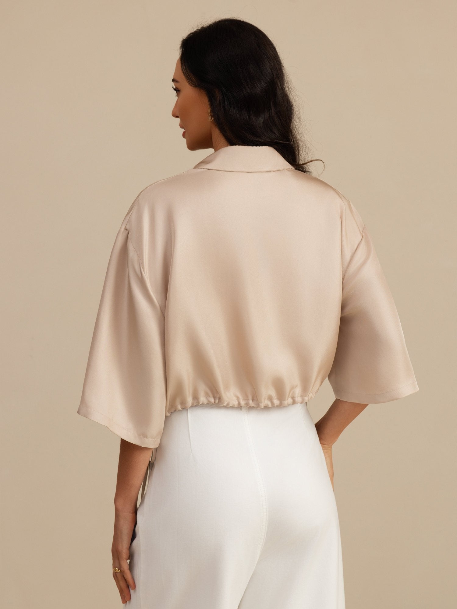 [Tan] SilkSilky-CA 18Momme Silk Satin Surah Half Sleeve Lapel Collar Blouse 002