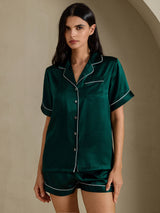 [Dark Green] SilkSilky-CA Short Sleeve Lapel Collar Women's Pajamas 001