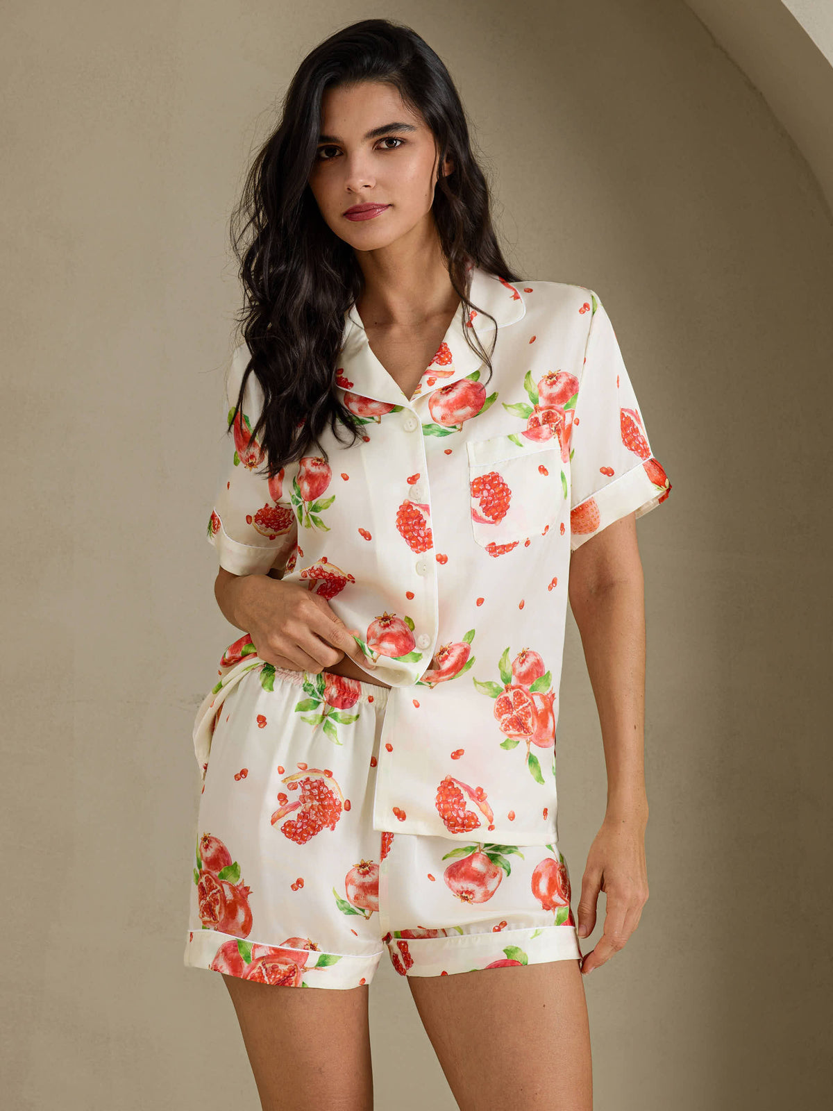 [White Pomegranate] SilkSilky-CA Short Sleeve Notch Collar Women's Pajamas 001