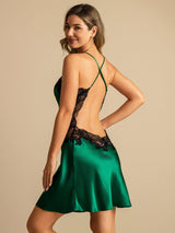 [Dark Green] SilkSilky-CA Spaghetti Strap V Neck Nightgown 001