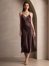 [Coffee] SilkSilky-CA Spaghetti Strap V Neck Dress 004