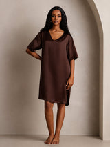 [Brown] SilkSilky-CA Half Sleeve V Neck Nightgown 008