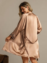 [Brown] SilkSilky-CA 3/4 Sleeve V Neck Nightgown&Robe Set 002