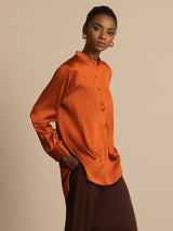 [Caramel] SilkSilky-CA 19Momme Stretch Silk Charmeuse Long Sleeve Stand Collar Blouse 003