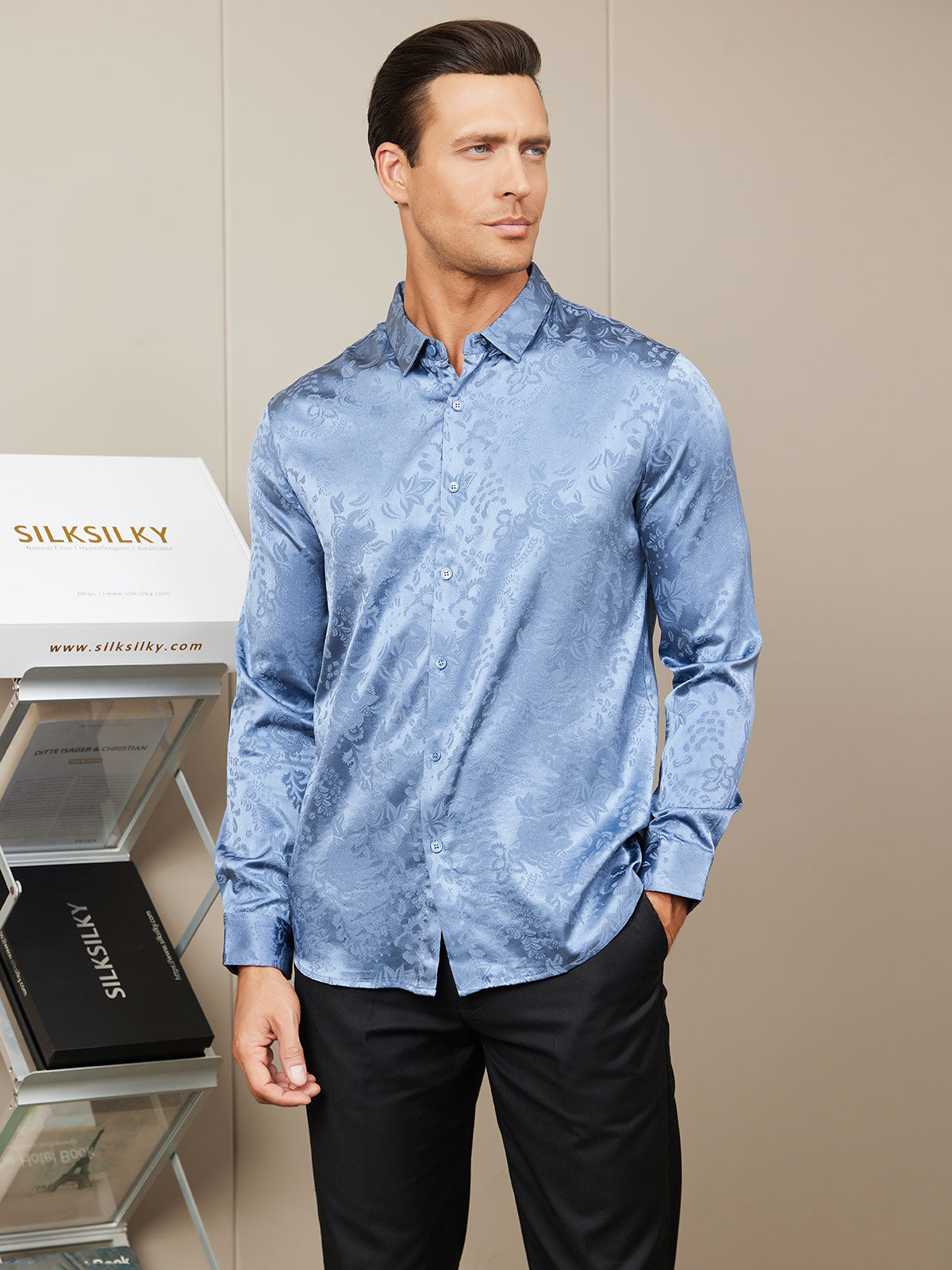 SilkSilky CA Silk Long Sleeve Collar Men's Shirt Blue 001