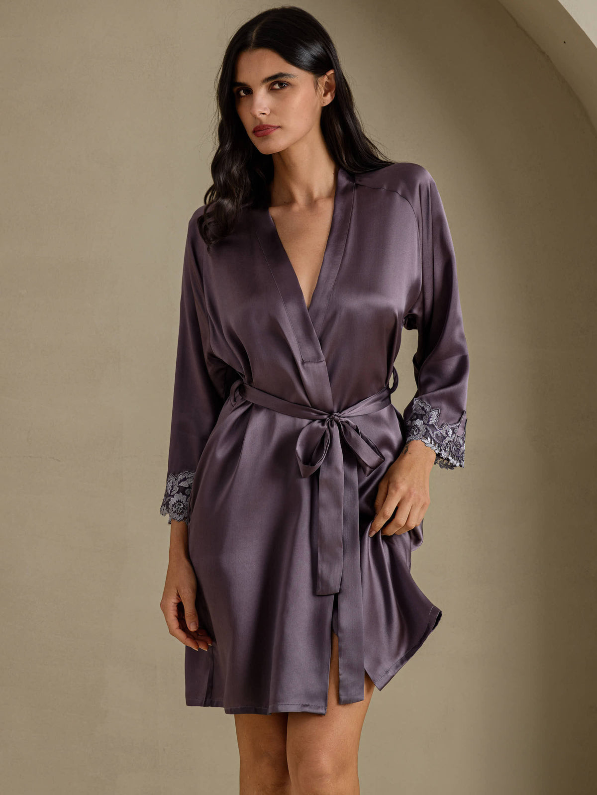 [Purple Gray] SilkSilky-CA 3/4 Sleeve Women's Robe 001