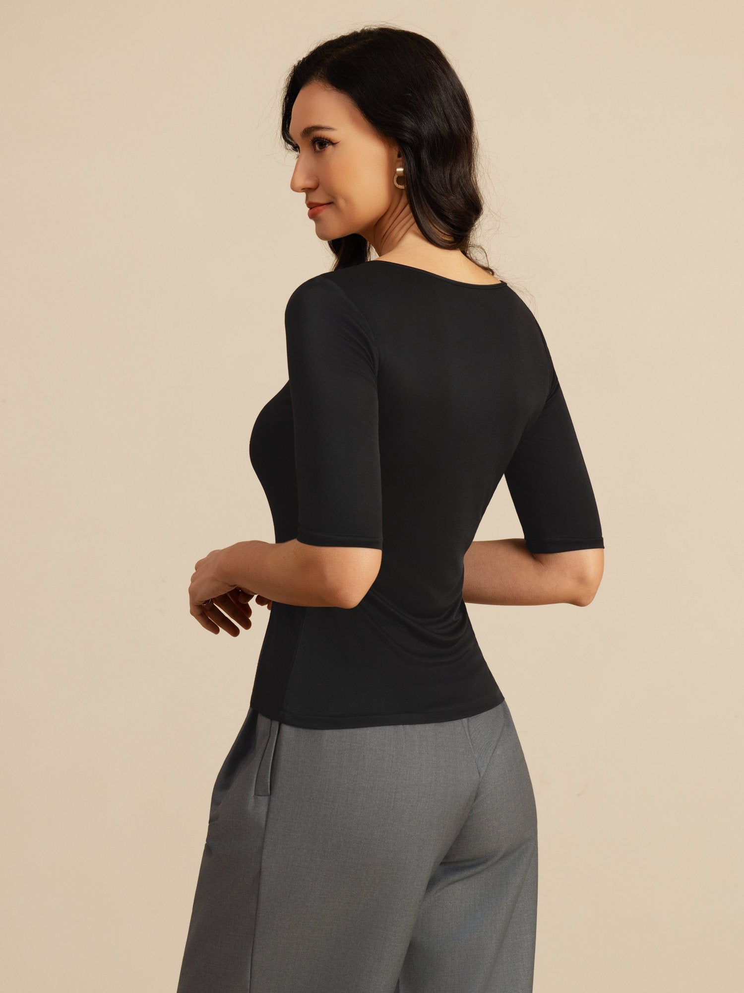 [Black] SilkSilky-CA 100% Silk Jersey Half Sleeve Scoop Neck Women's T-Shirt 002