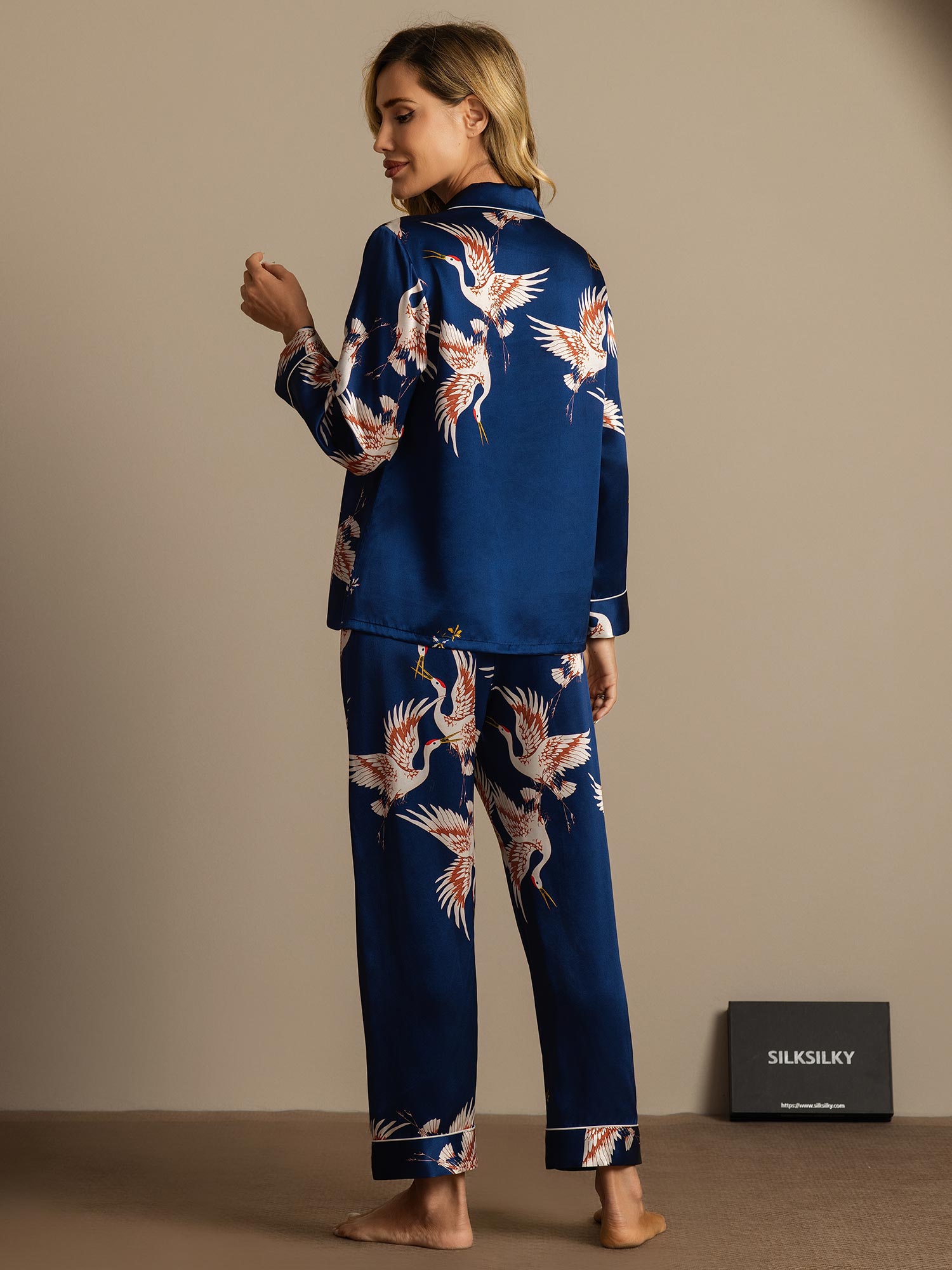 [Dark Blue] SilkSilky-CA 19Momme Long Sleeve Notch Collar Women's Pajamas 008