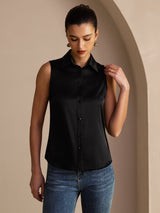 [Black] SilkSilky-CA Sleeveless Lapel Collar Women's Shirt 005