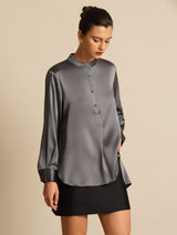 [Dark Gray] SilkSilky-CA 19Momme Stretch Silk Charmeuse Long Sleeve Stand Collar Blouse 005