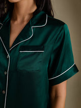[Dark Green] SilkSilky-CA Short Sleeve Lapel Collar Women's Pajamas 004