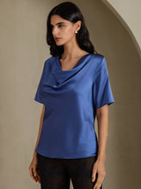 [Real Teal] SilkSilky-CA Short Sleeve Cowl Neck Women's Blouse 003