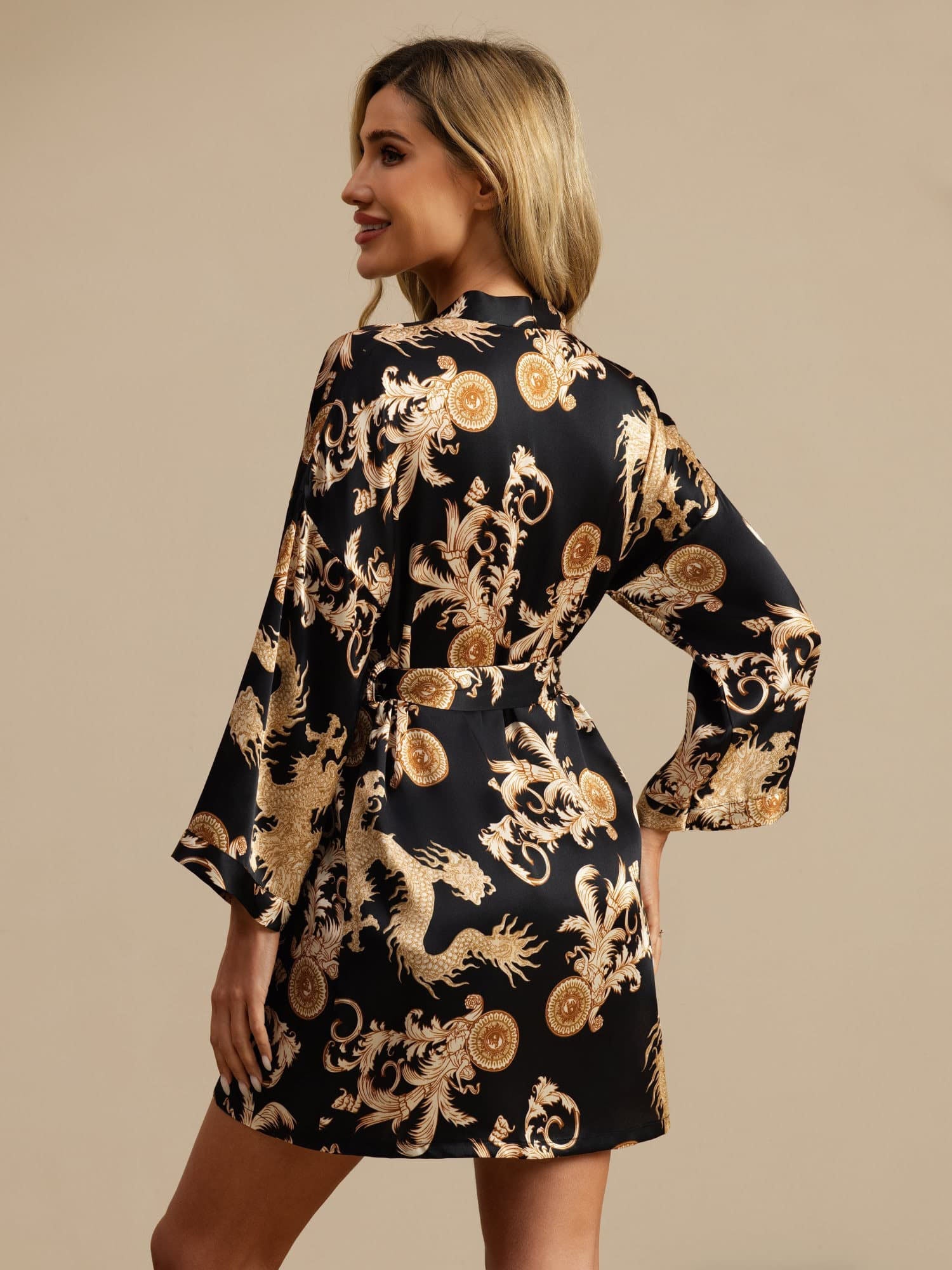 [Black Dragon] SilkSilky-CA 3/4 Sleeve V Neck Women's Robe 002