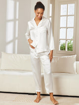 [White] SilkSilky-CA Long Sleeve Lapel Collar Women's Pajamas 002