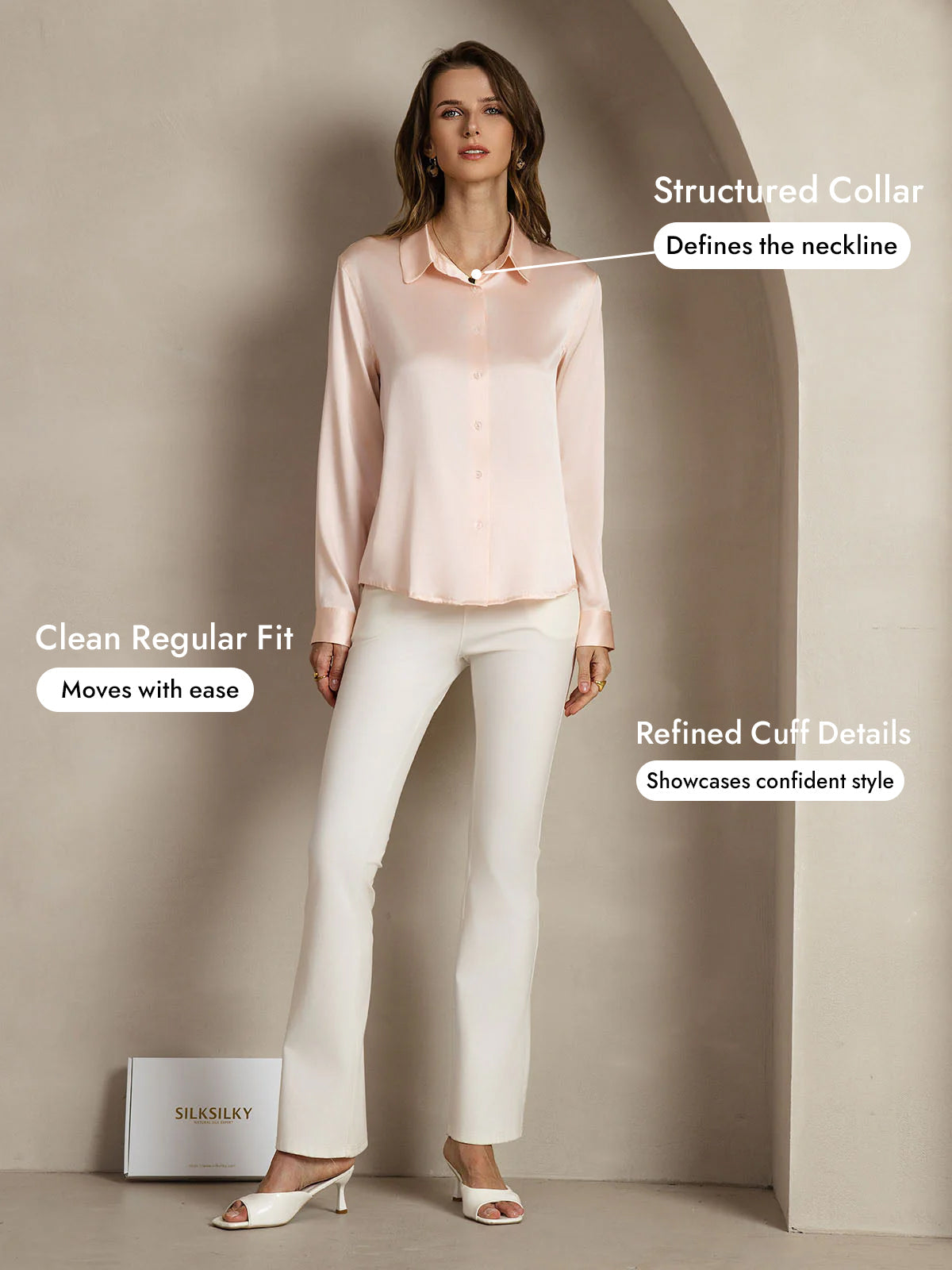 [Light Pink] SilkSilky-CA Silk Long Sleeve Lapel Collar Women's Shirt 005